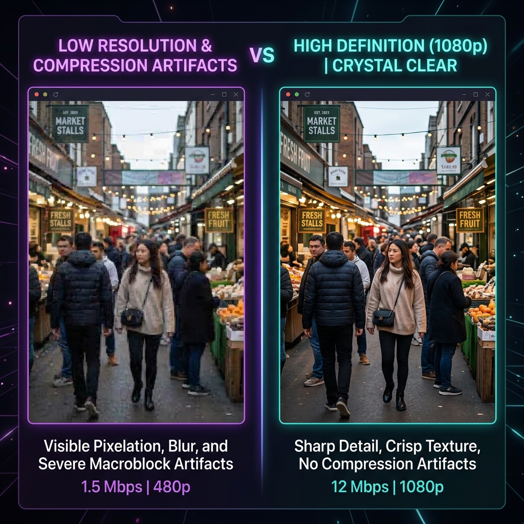 A premium dark-mode graphic showing a side-by-side comparison: highly pixelated screen capture showing visible macroblock artifacts versus crystal-clear sharp capture.