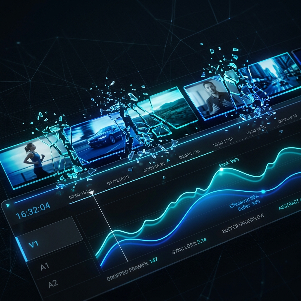 A premium dark-mode graphic showing digital video frame strips breaking apart or stuttering on a timeline, with glowing cyan and blue optimization curves, sleek glassmorphism style.