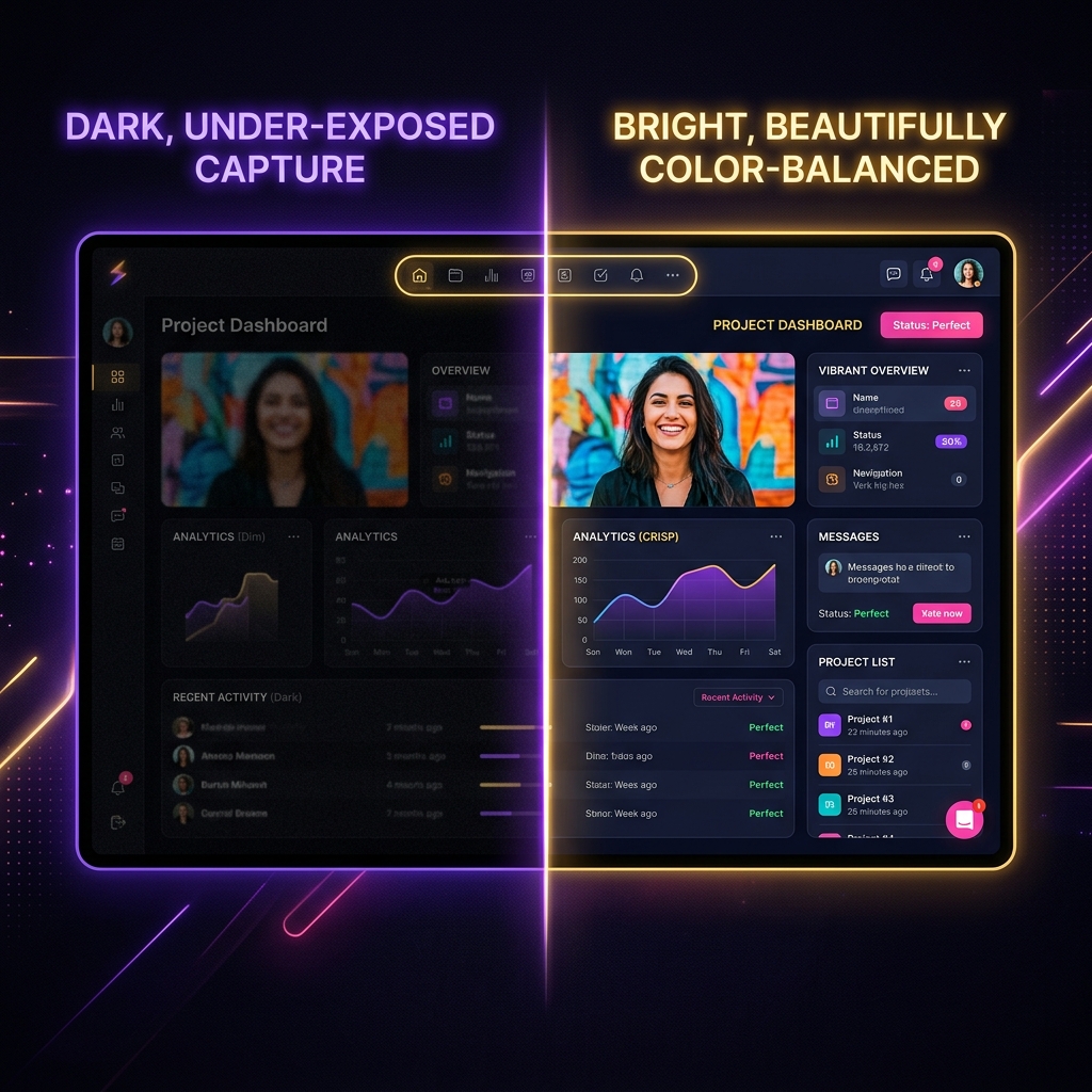 A premium dark-mode graphic showing side-by-side comparison: dark under-exposed screen capture versus bright color-balanced capture.