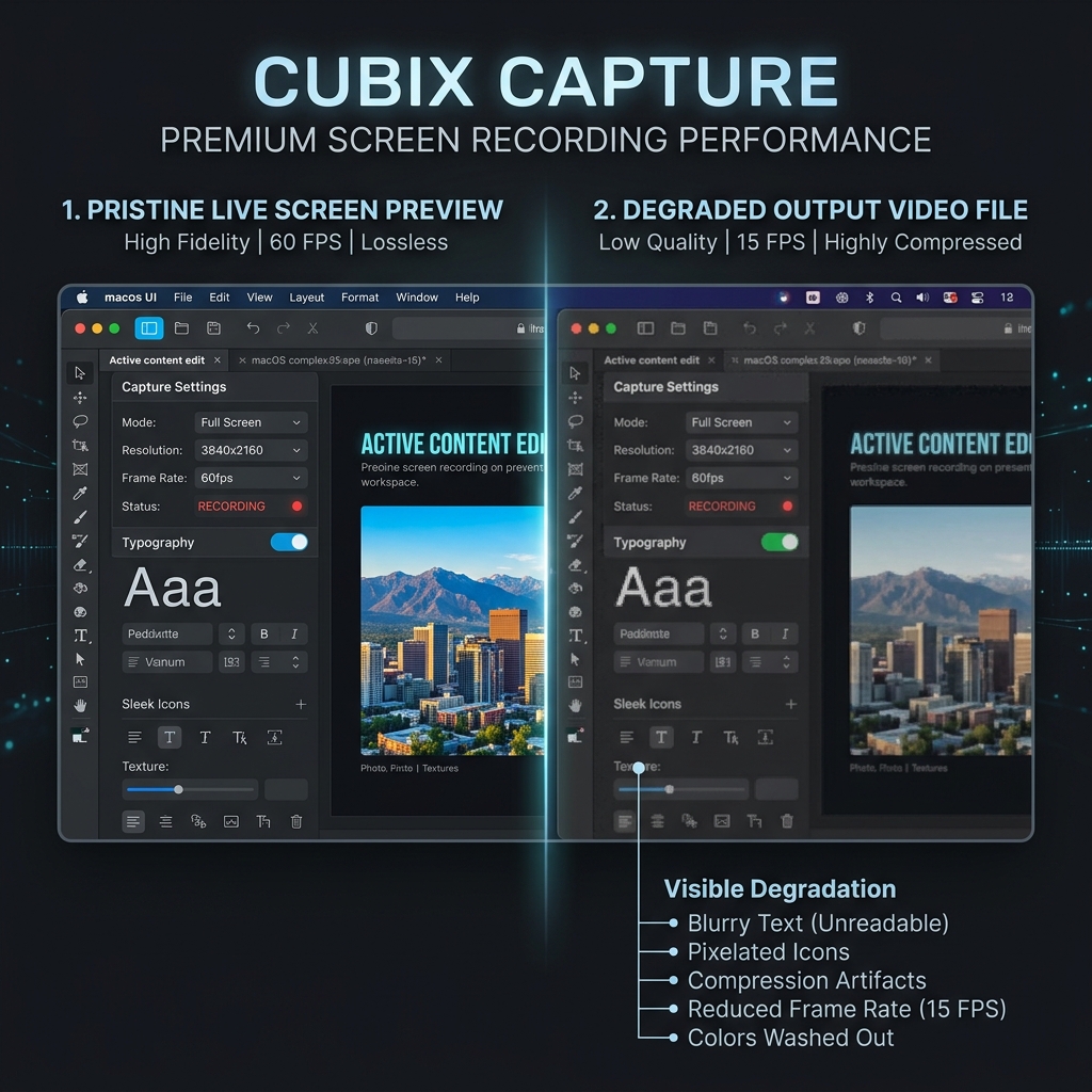 A premium dark-mode graphic comparing a pristine live screen preview on the left and a degraded output video file on the right.