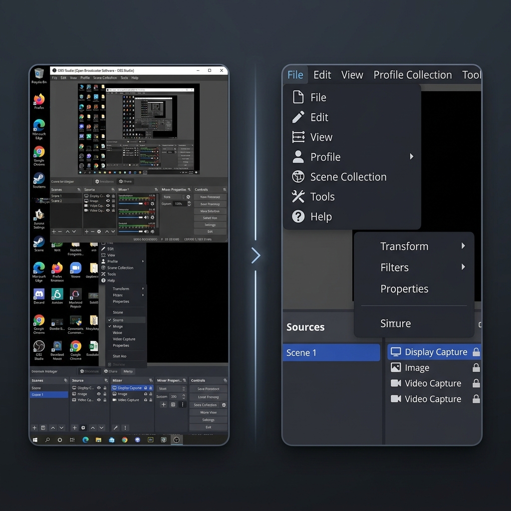A side-by-side comparison of a raw, zoomed-out OBS desktop recording vs. an automatically zoomed-in, crystal-clear focused video panel.