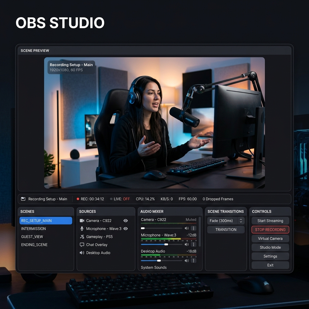A sleek, dark-mode screenshot of the OBS Studio interface showing a clean scene setup.