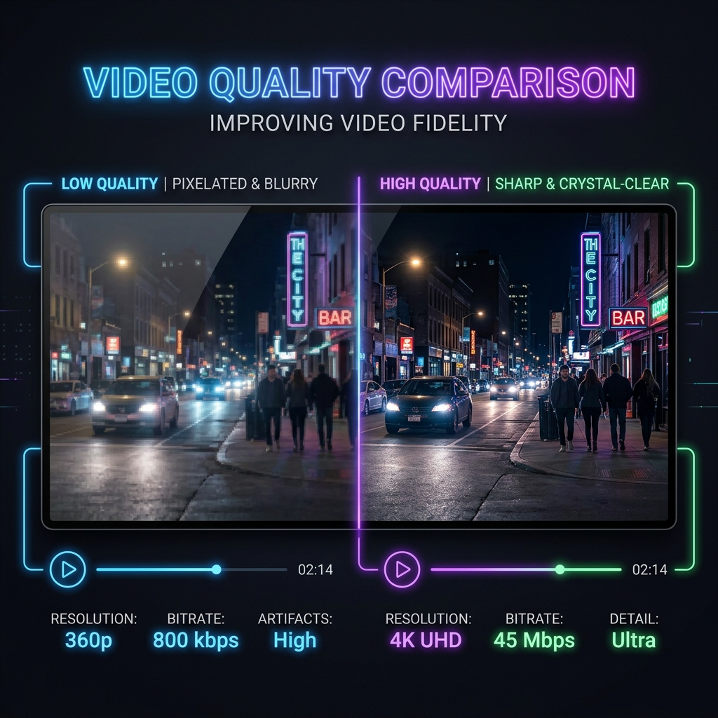 A premium dark-mode graphic showing a side-by-side comparison: low-quality pixelated capture versus crystal-clear sharp capture.