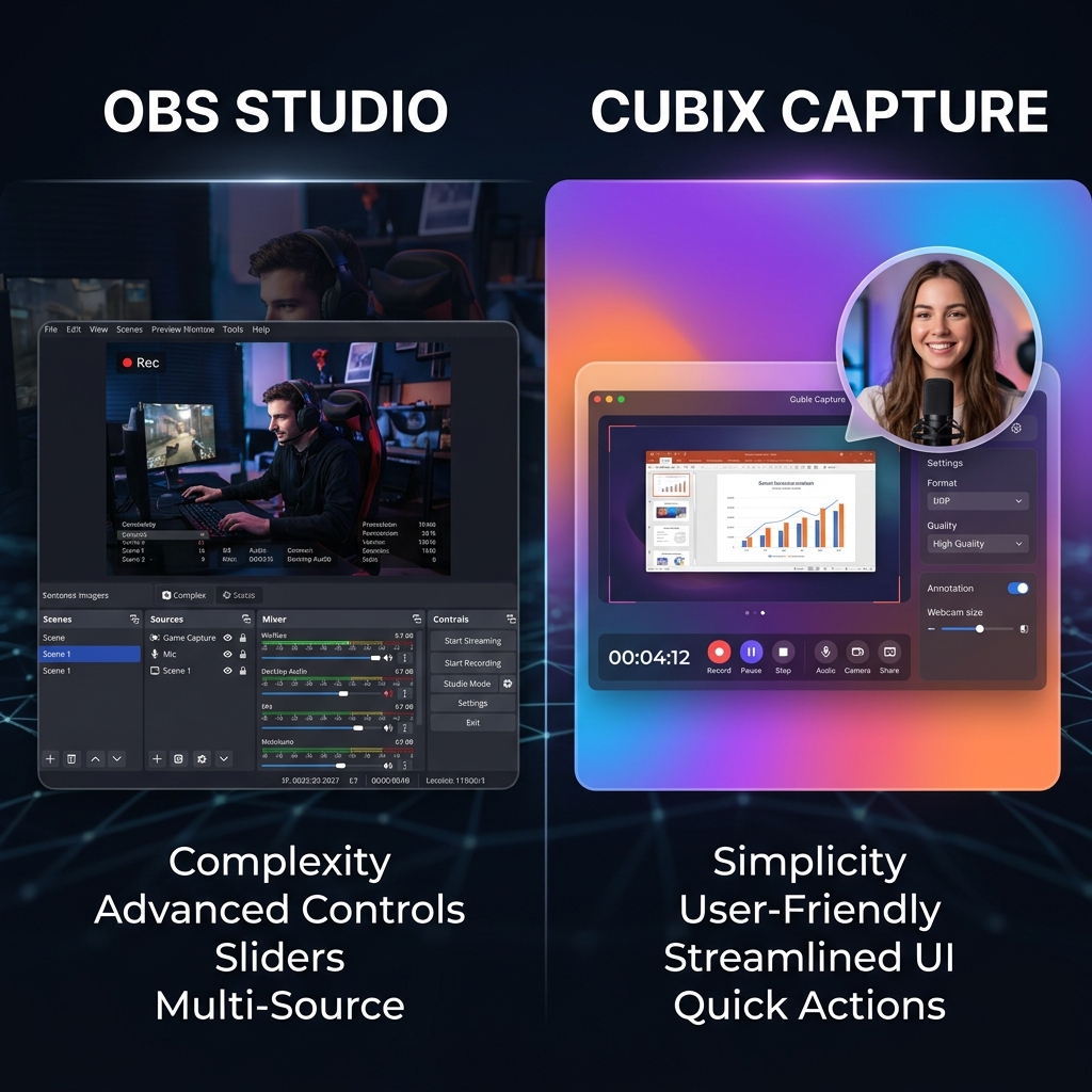 A sleek comparison graphic of OBS Studio vs Cubix Capture showing their different user interfaces side-by-side.