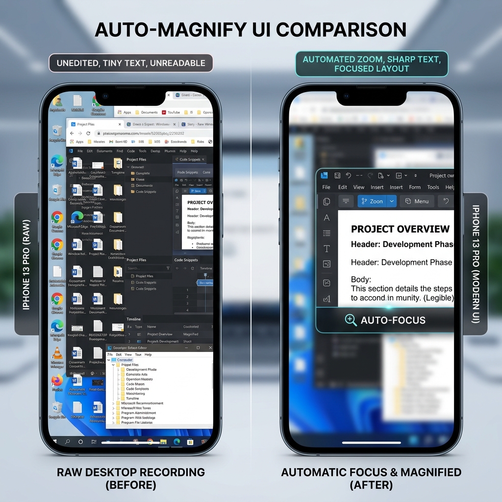 A side-by-side graphic showing a raw, unedited OBS recording on a phone where text is tiny, contrasted against a beautifully magnified, automatically focused presentation view.