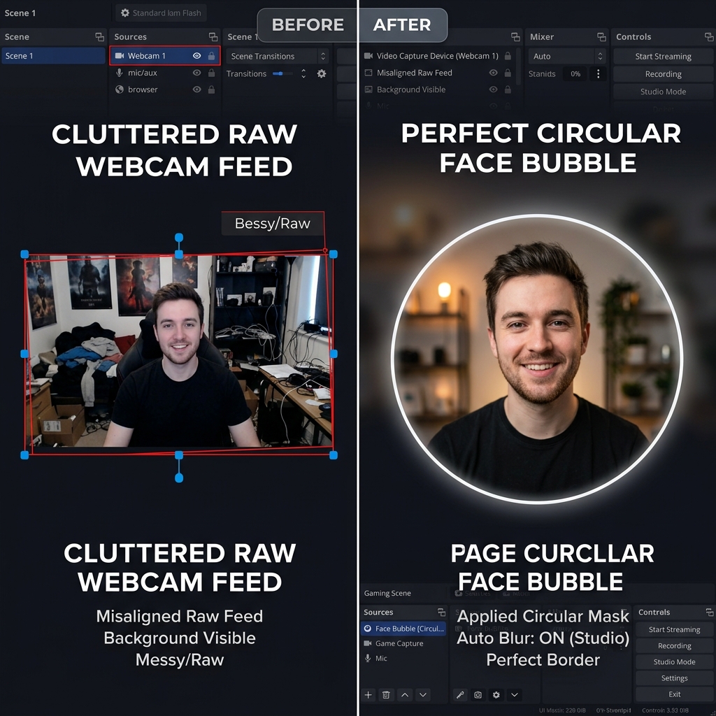 A side-by-side comparison. On the left, a cluttered raw webcam box with misaligned borders. On the right, a perfectly shaped circular face bubble with an automated blurred studio backdrop.