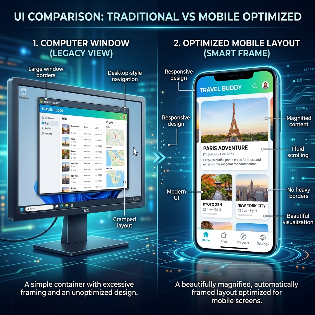 A side-by-side graphic showing a raw, isolated window recording framed by empty black bars, contrasted with an automatically framed, beautifully magnified presentation optimized for mobile viewing.