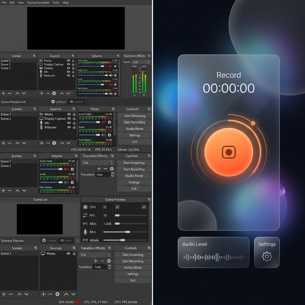 A split-screen graphic showing the complex, dark-mode interface of OBS Studio on the left, contrasted with a sleek, minimalist modern recording tool on the right.