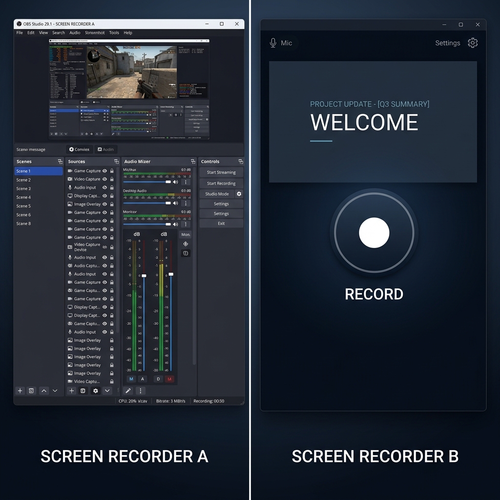 A side-by-side comparison showing the confusing OBS interface vs a simple, one-click modern recording button