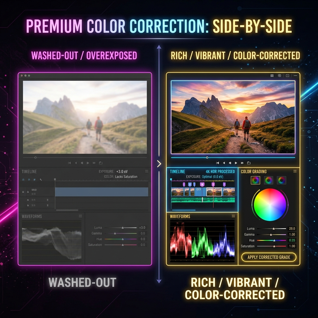 A premium dark-mode graphic showing a side-by-side comparison: washed-out overexposed screen capture versus rich vibrant color-corrected capture.