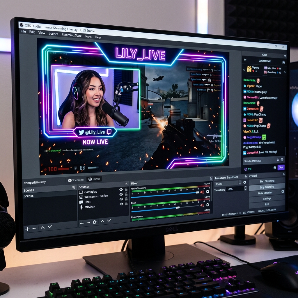 A close-up of a high-quality streaming setup showing a webcam feed neatly framed inside a colorful, neon glowing overlay border over gameplay footage in OBS Studio.