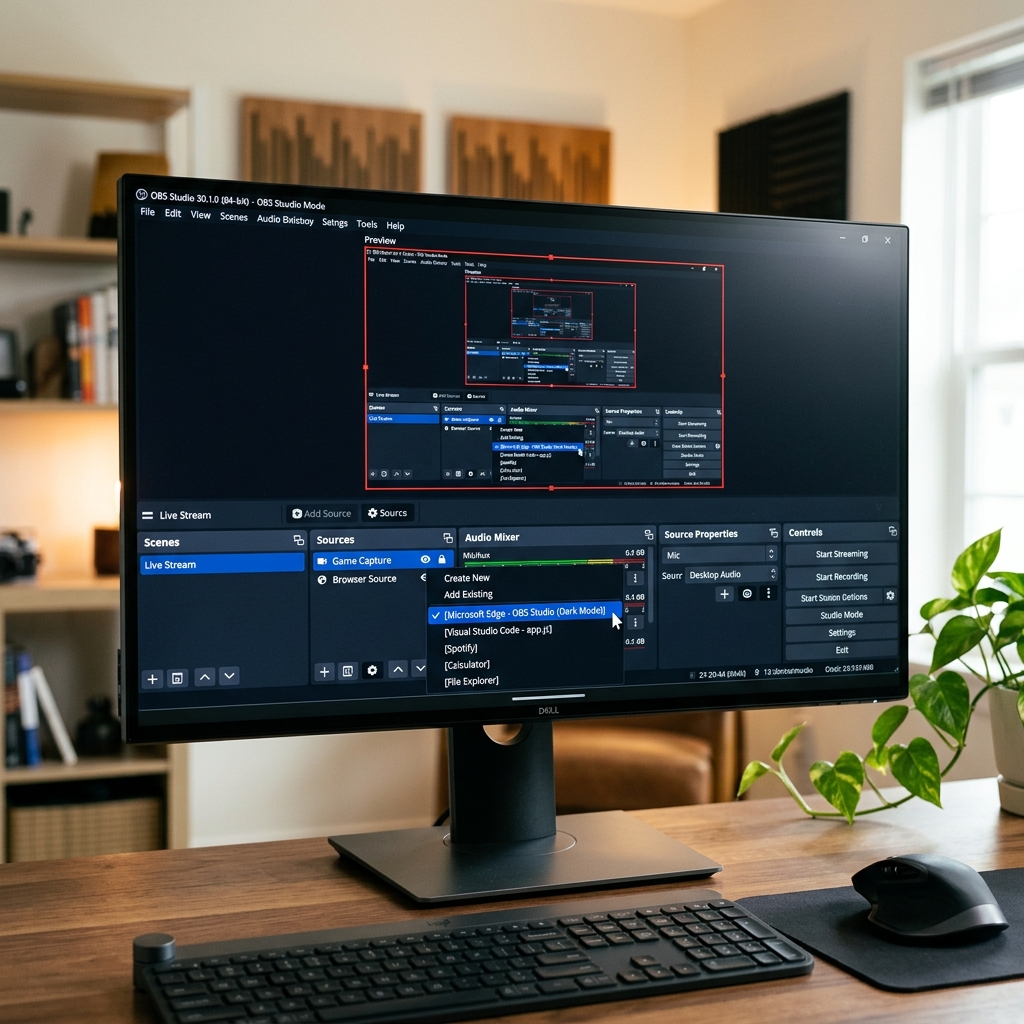 A modern workspace displaying the OBS Studio dashboard, focusing on the selection of a single application window from the dropdown menu, ignoring the rest of the messy desktop.