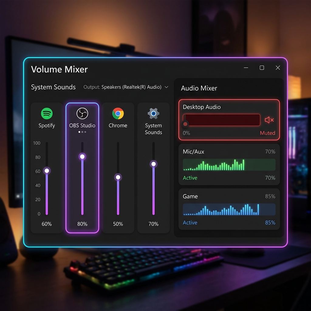 A premium dark mode UI panel displaying Windows 11 Volume Mixer settings with OBS Studio volume slider highlighted, and a clean flat audio mixer interface showing a muted desktop audio bar.