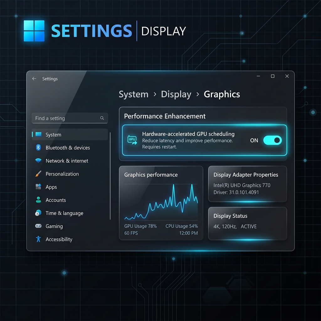 A premium dark-mode graphic showing a Windows 11 performance dashboard troubleshooting theme. Sleek glassmorphism system settings, a toggled hardware-accelerated GPU scheduling switch, and glowing neon blue accents on a dark tech grid background.