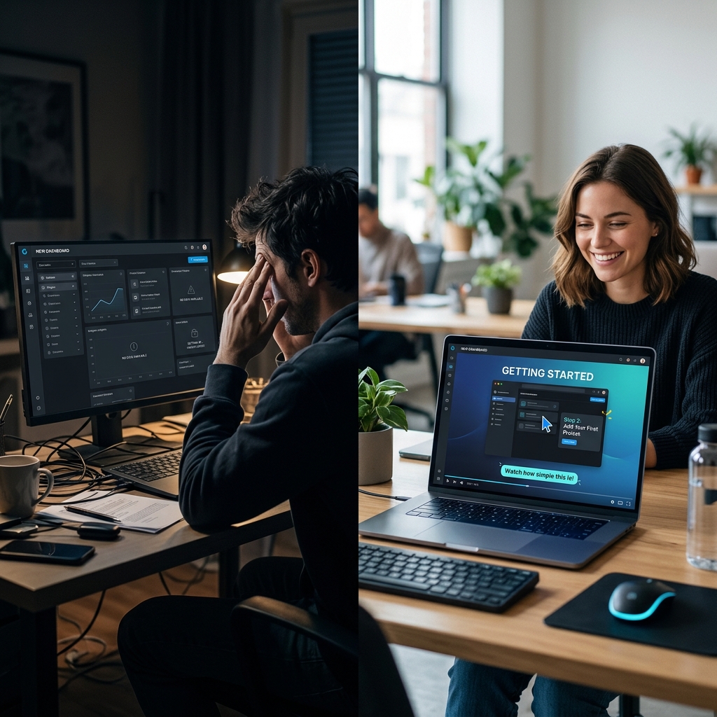 A split-screen visual comparing onboarding frustration vs clarity with a happy user watching an auto-zoomed video