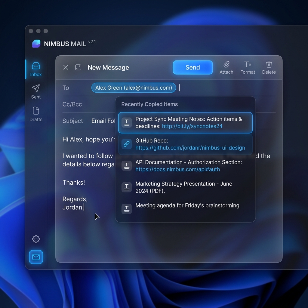 A user seamlessly pasting multiple items from a drop-down clipboard history list.