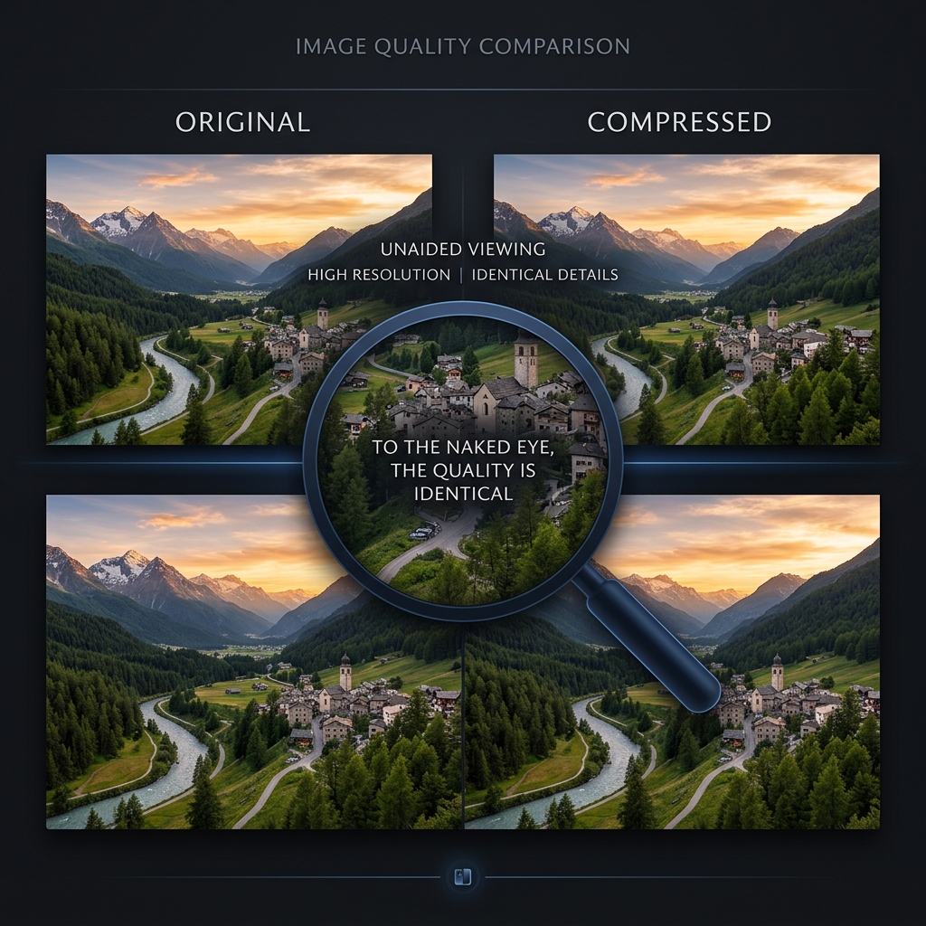 A comparison of a high-resolution landscape vs a compressed version with a magnifying glass showing identical perceptual quality