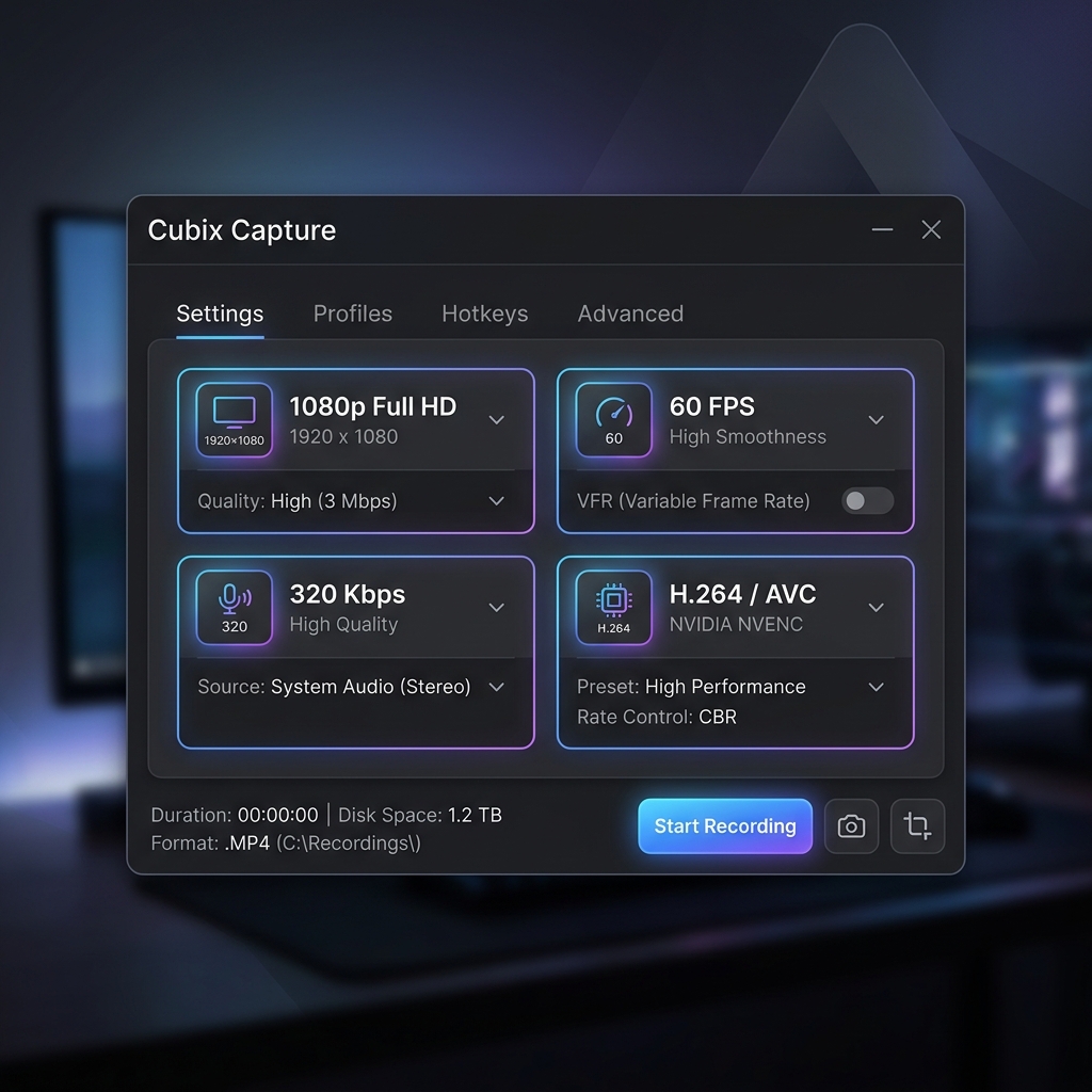 A premium dark mode UI panel displaying screen recording settings like resolution 1080p, frame rate 60 FPS, audio bitrate 320 Kbps, and encoder details.