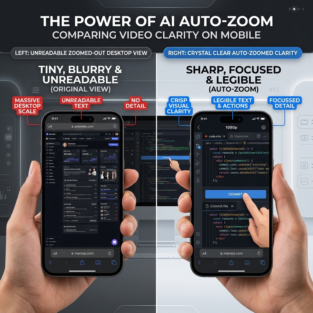 A side-by-side visual comparison showing a tiny, unreadable zoomed-out desktop recording on a phone screen versus a beautifully clear, zoomed-in video.