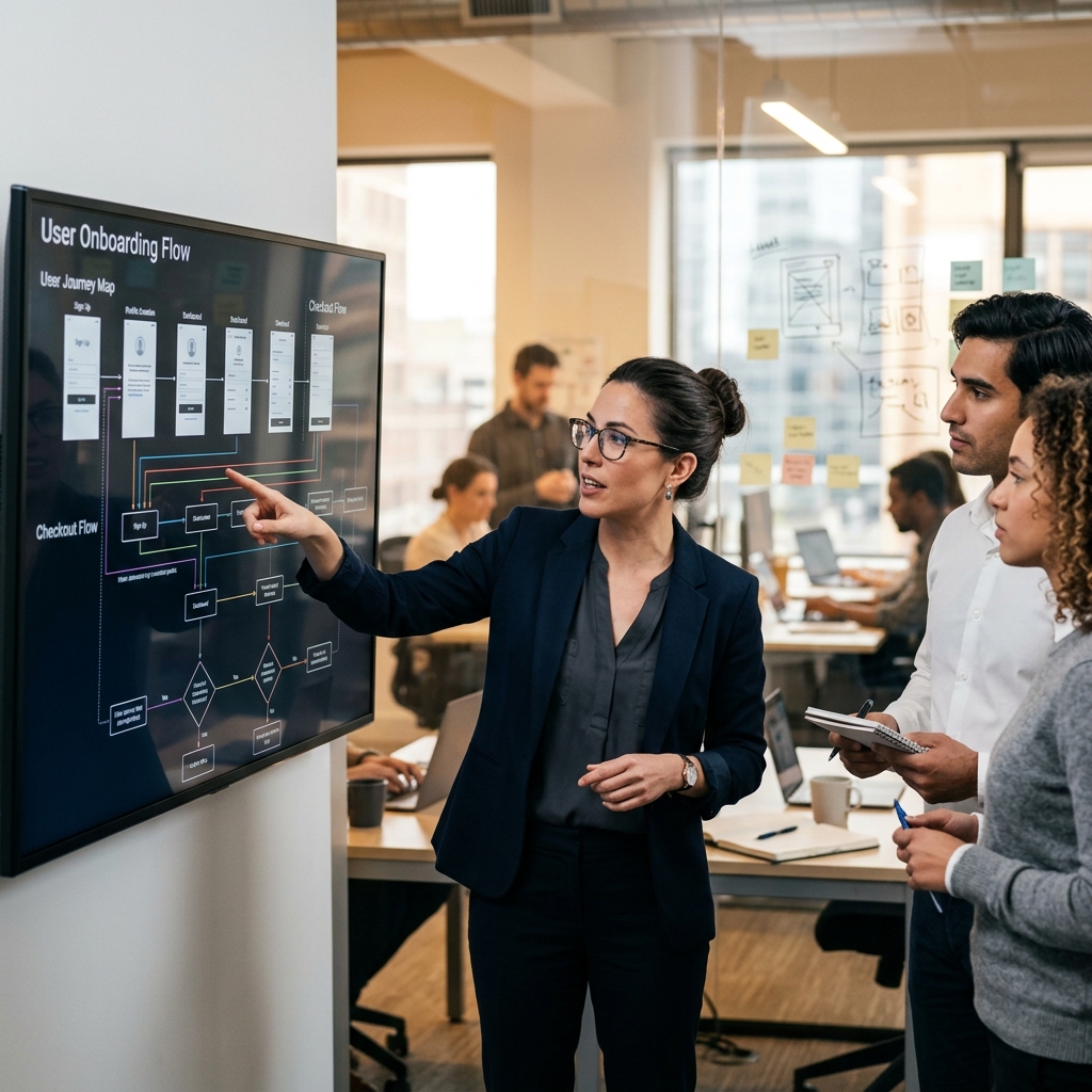 A professional Product Manager pointing at a complex wireframe on a monitor