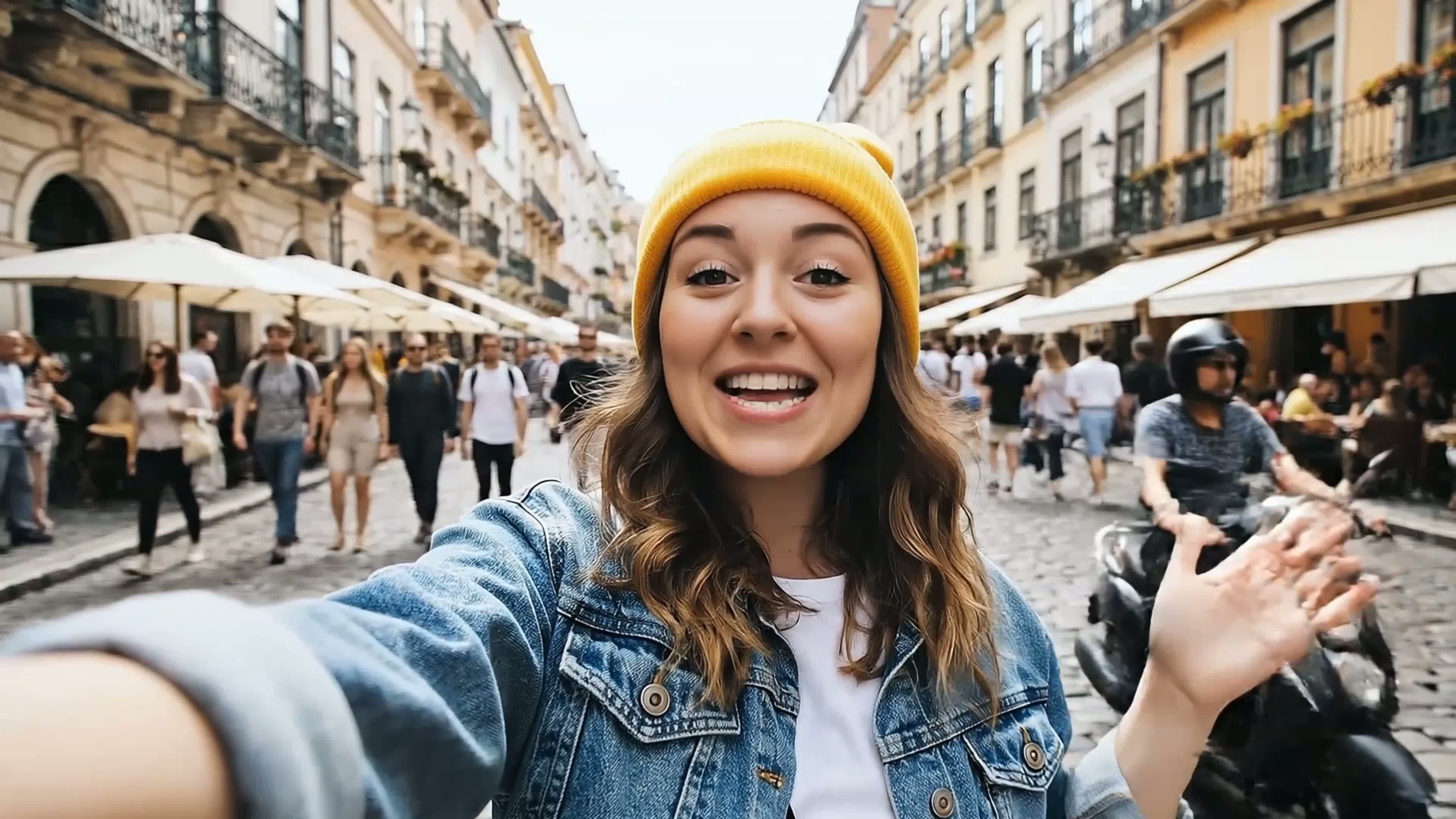 Travel vlog source showing the presenter in a market.