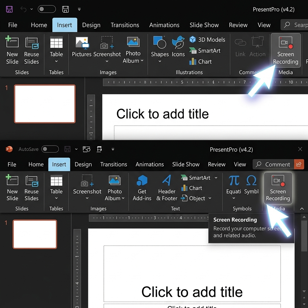 Microsoft PowerPoint Insert menu highlighting the Screen Recording tool button.