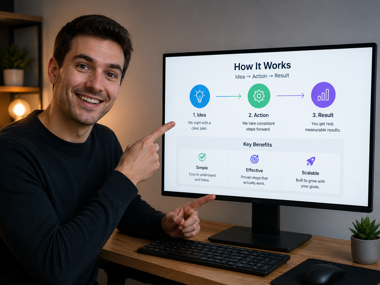 A professional showing a recording screen on a PC to present a tutorial.