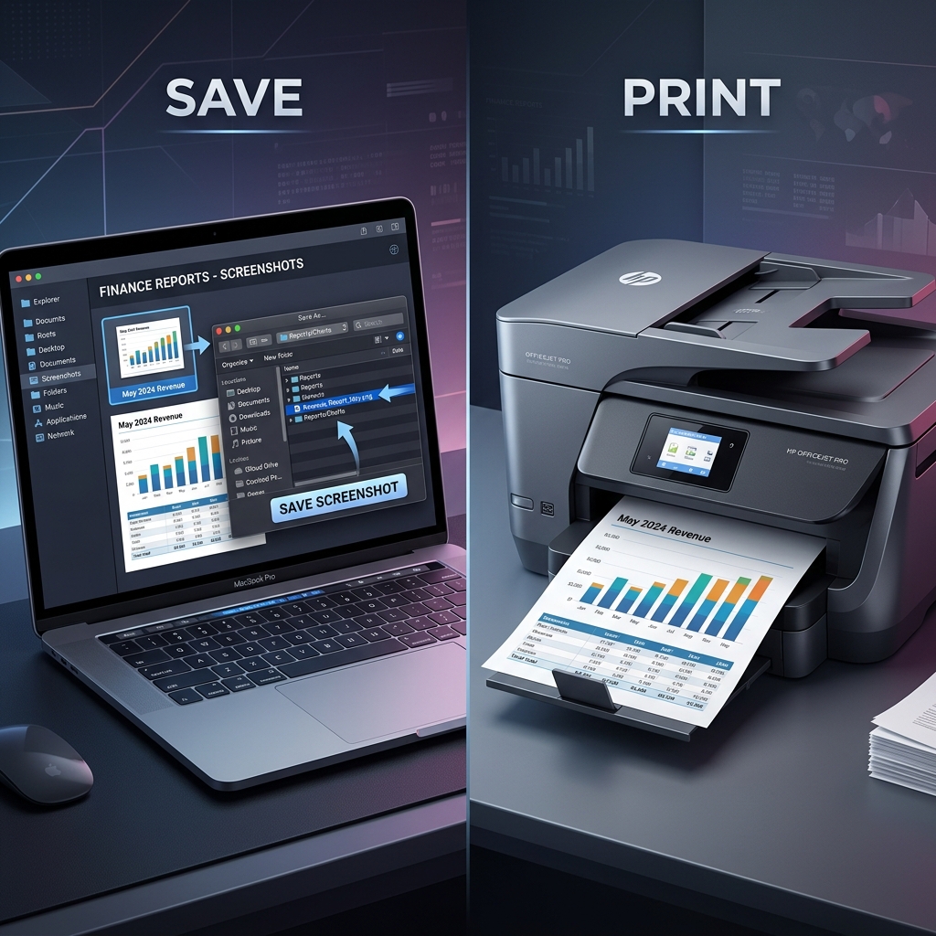 Mockup showing a laptop screen saving a screenshot file on the left and a printer printing the screenshot sheet on the right.