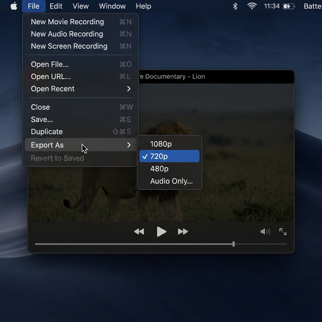 A mockup of the Mac menu bar showing the QuickTime Player 'File' dropdown with 'Export As' highlighted