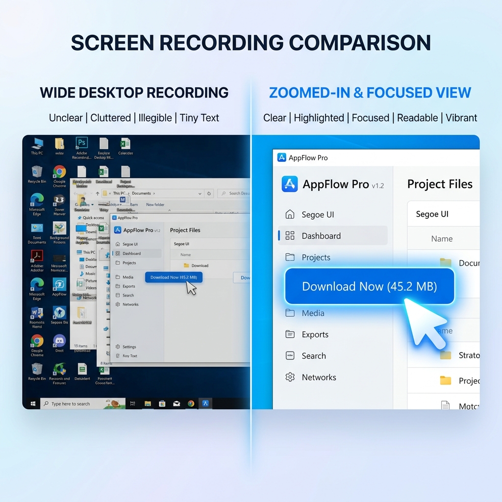 Split screen comparison of a cluttered wide desktop vs a beautifully zoomed-in software window with a smooth cursor