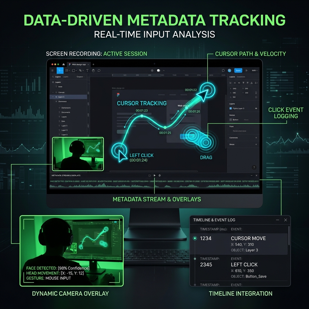 Cursor tracking and click indicators driving automatic camera framing in a screen recorder.