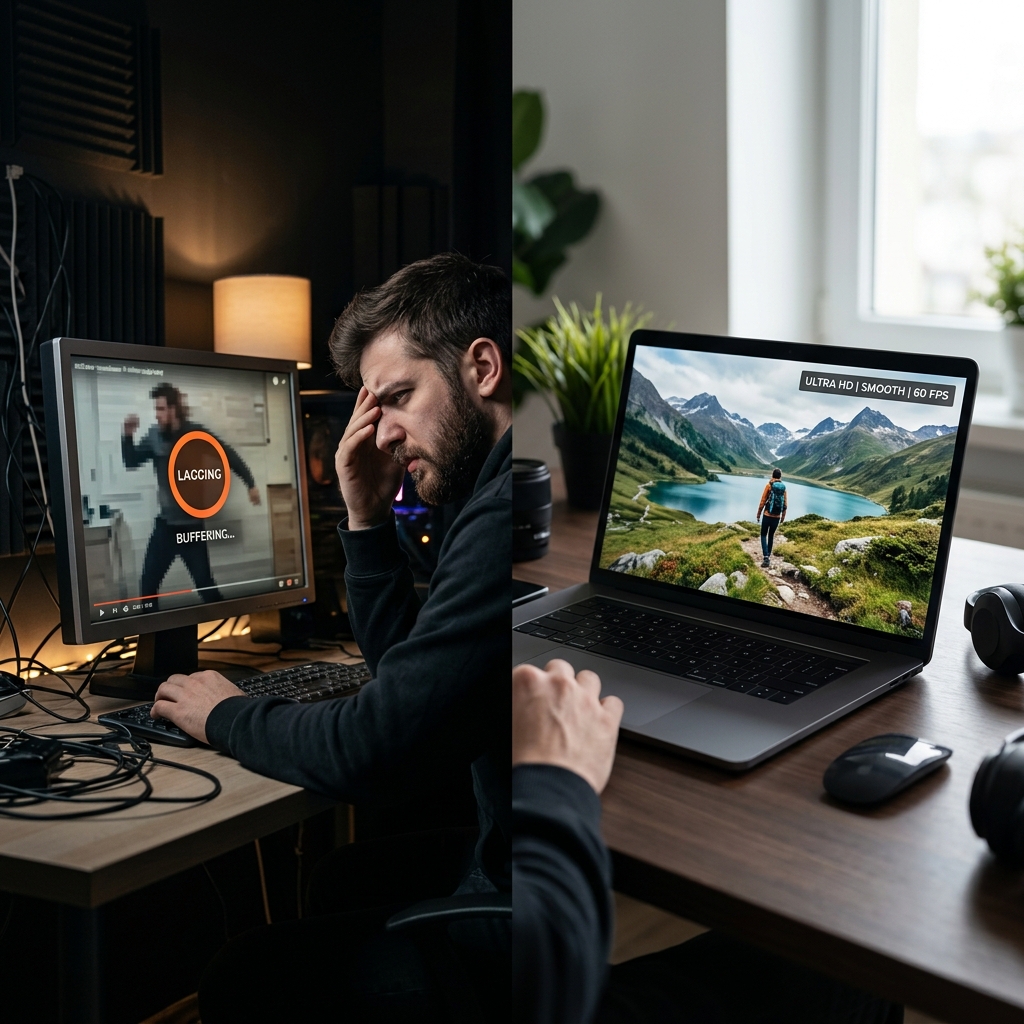 A split-screen visual showing a frustrated creator with a laggy, choppy video vs a flawlessly smooth screen recording on a sleek laptop
