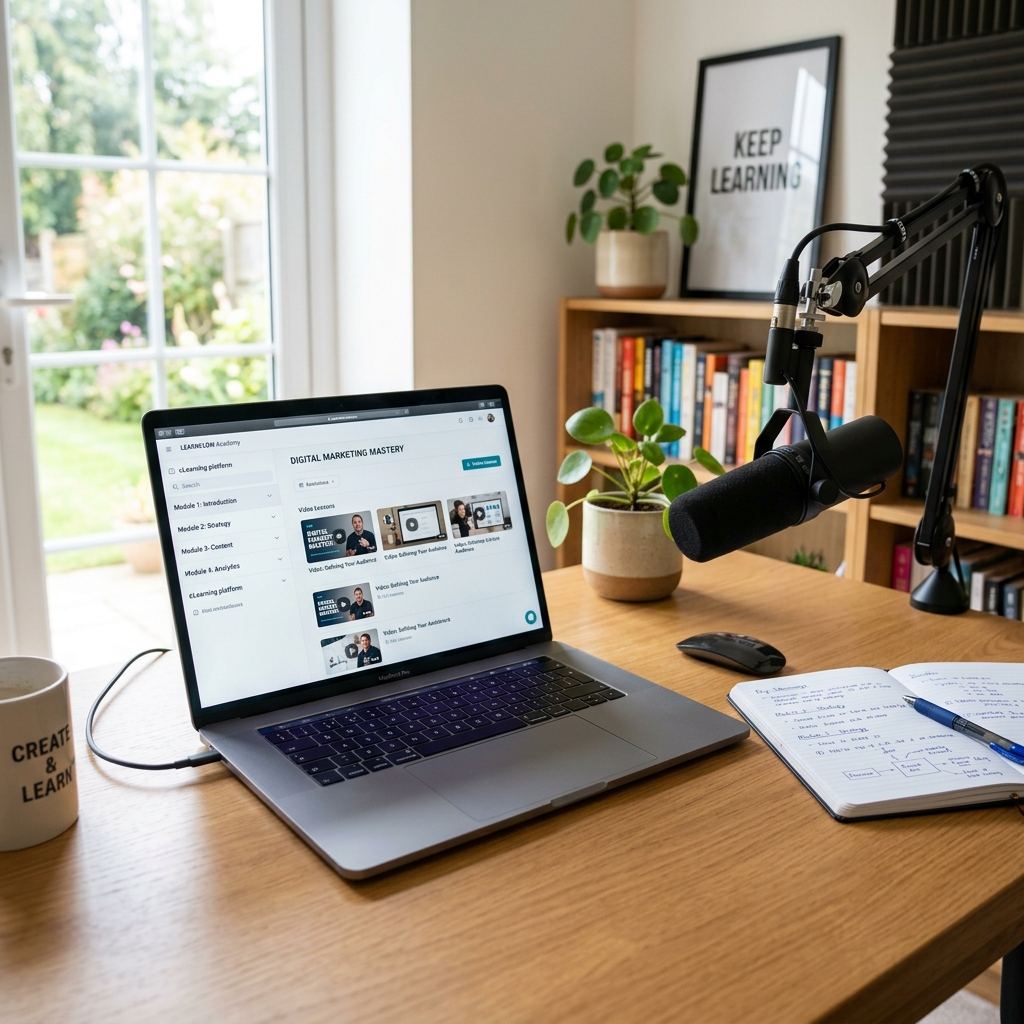 A modern digital creator looking happy and relaxed at a clean computer desk