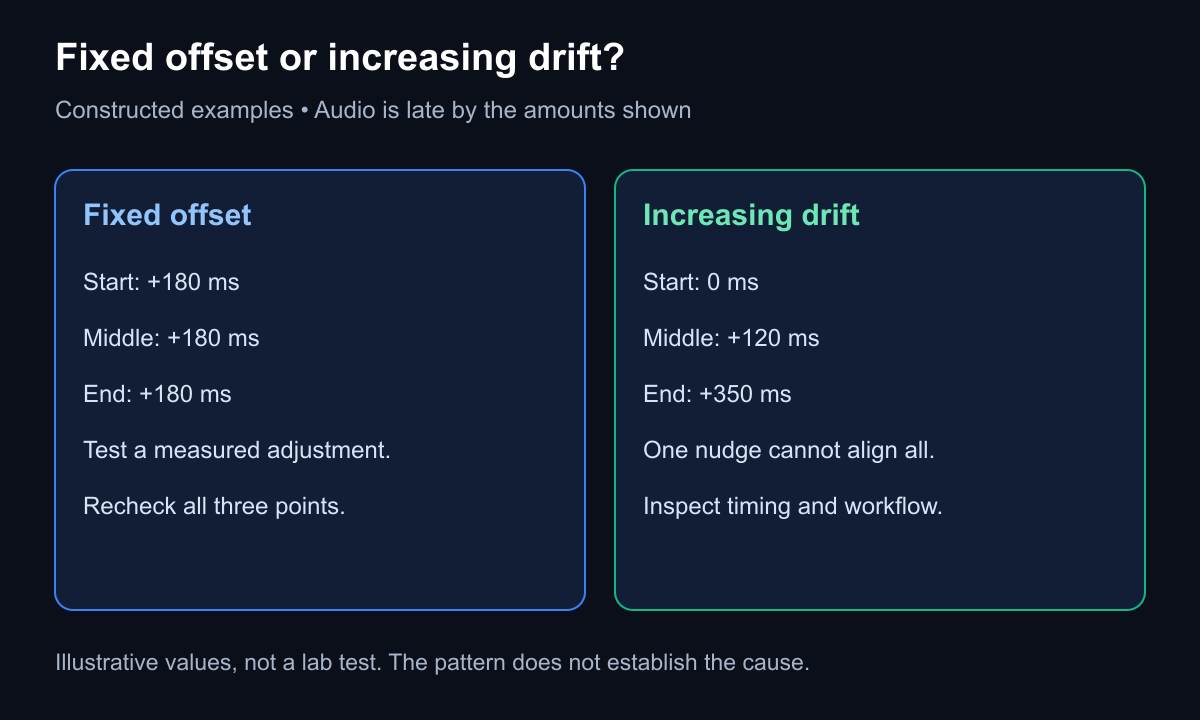 Illustrative comparison of a constant audio delay and an increasing delay at three checkpoints