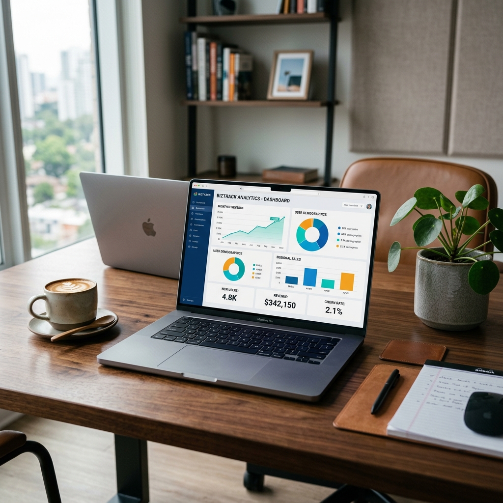 Sleek, modern workspace with a laptop showing a clean, colorful software dashboard