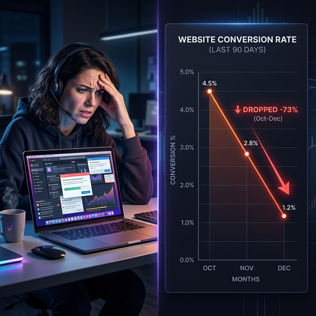 A visual showing a frustrated user and a declining conversion graph due to poor video presentation
