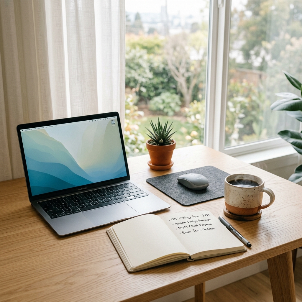 A clean, modern workspace with a laptop, a notebook with bullet points, and a cup of coffee