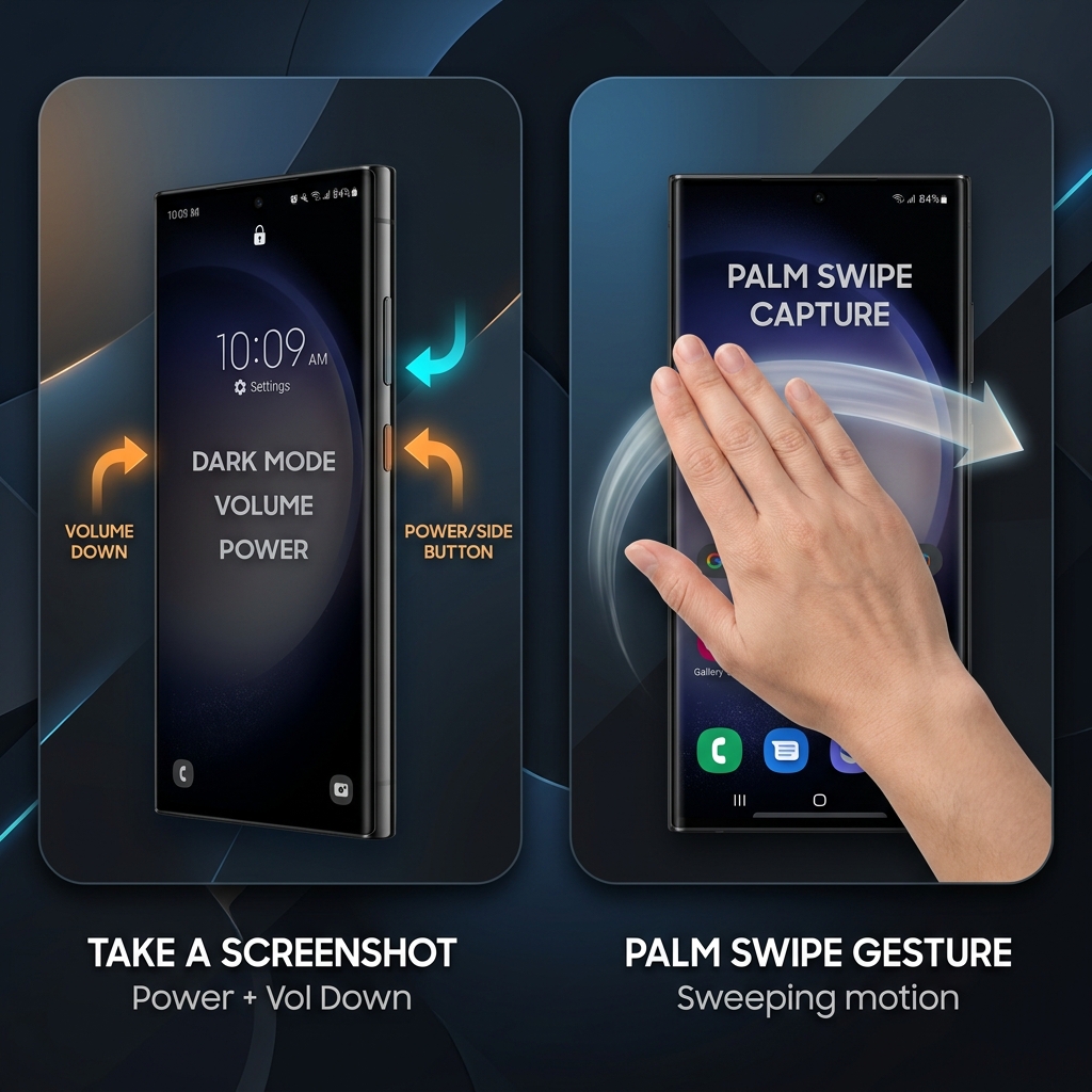 Side-by-side split screen showing a user pressing Samsung physical buttons and demonstrating the Palm Swipe gesture.