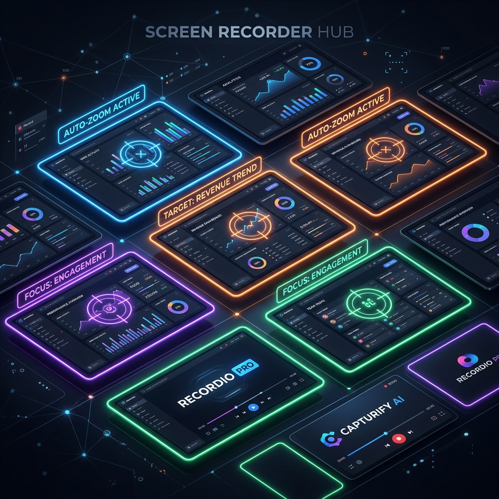 A premium dark mode graphic displaying multiple sleek dashboard screens and modern screen recorder brand options in a 3D grid layout, highlighting auto-zoom focal targets with glowing neon frames.