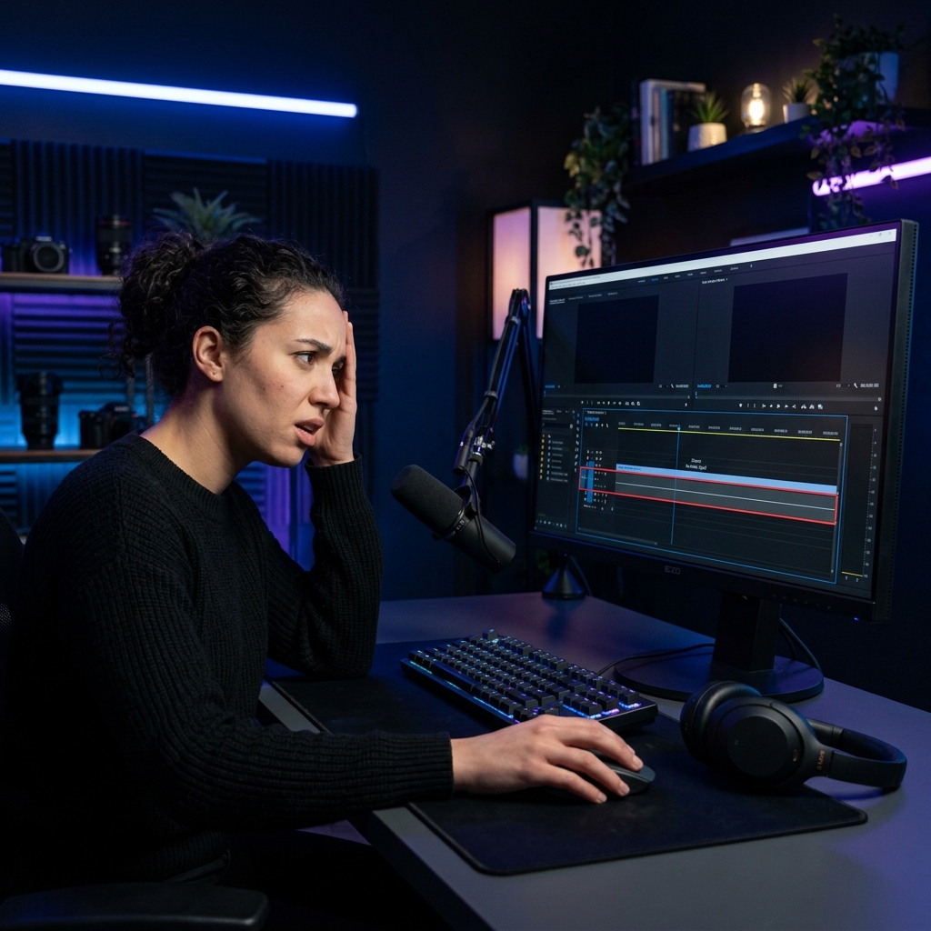 A creator at a desk with a boom microphone reviewing an audio timeline, representing microphone setup for screen recording.