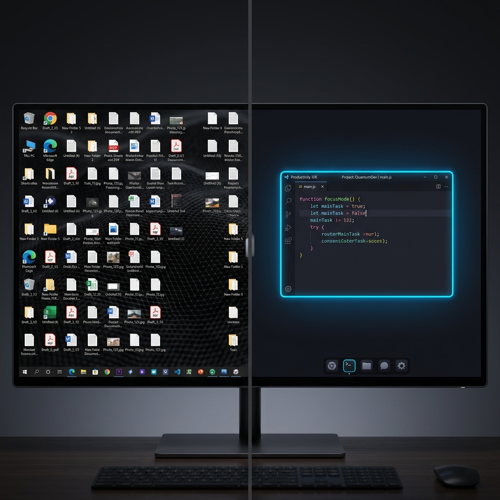 Split comparison of a cluttered raw desktop capture next to a focused, framed recording of the same screen.