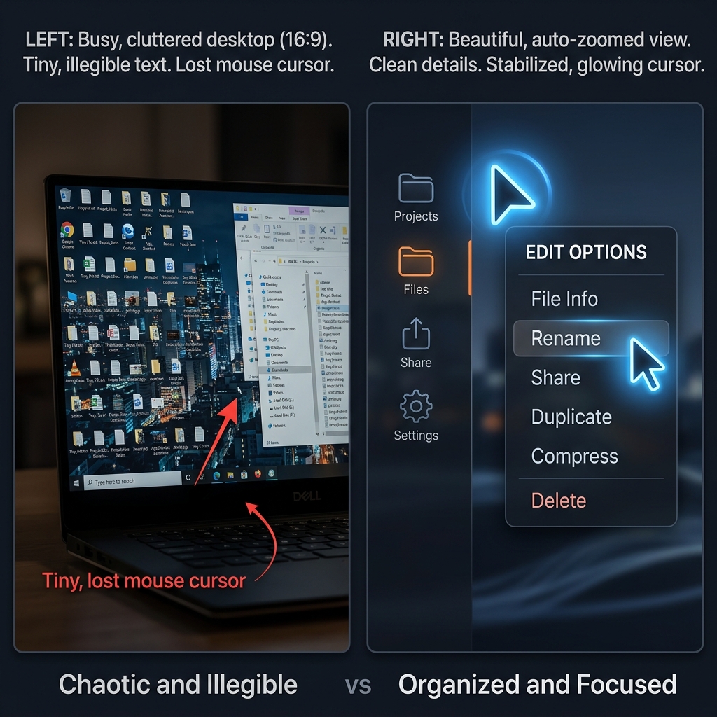 Split screen comparison showing standard busy desktop vs crystal clear zoomed view.