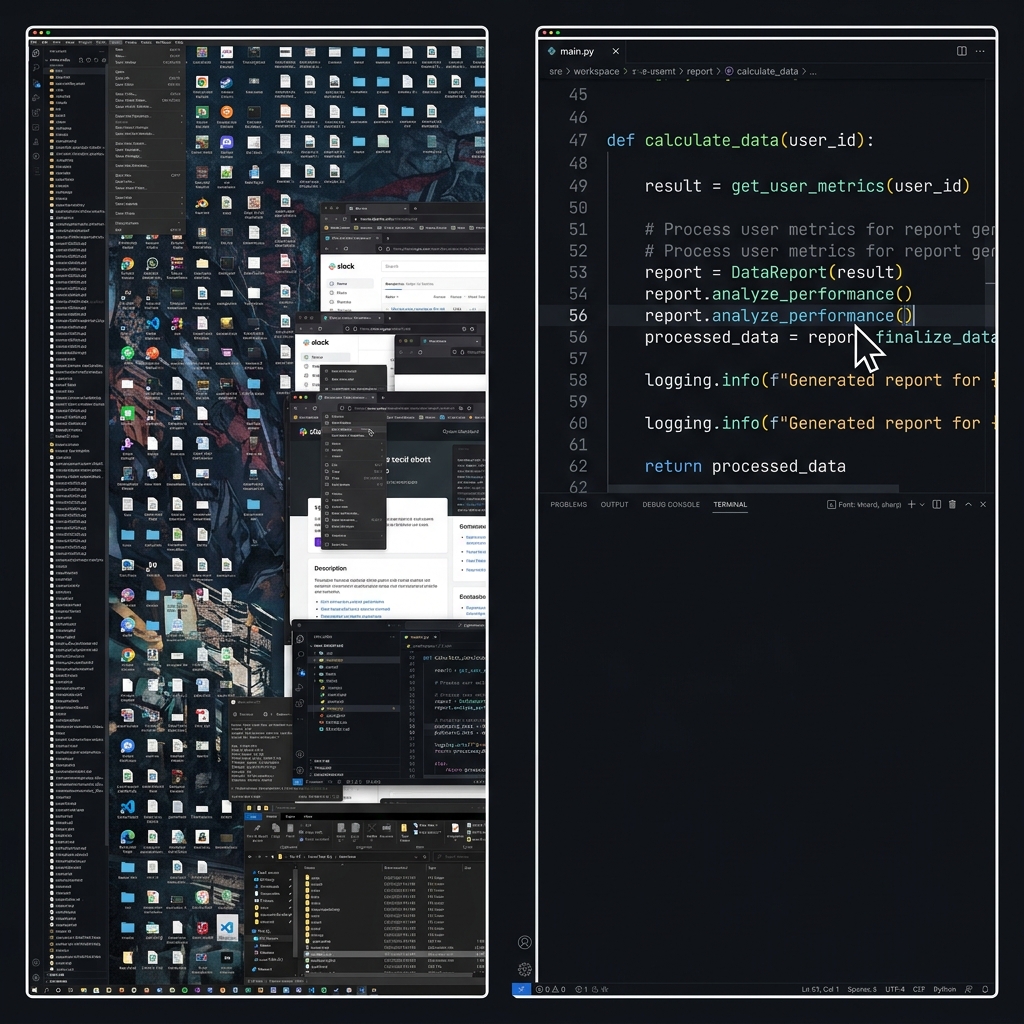 A cluttered Windows desktop beside a zoomed, legible code editor, contrasting raw full-screen capture with readable framing.