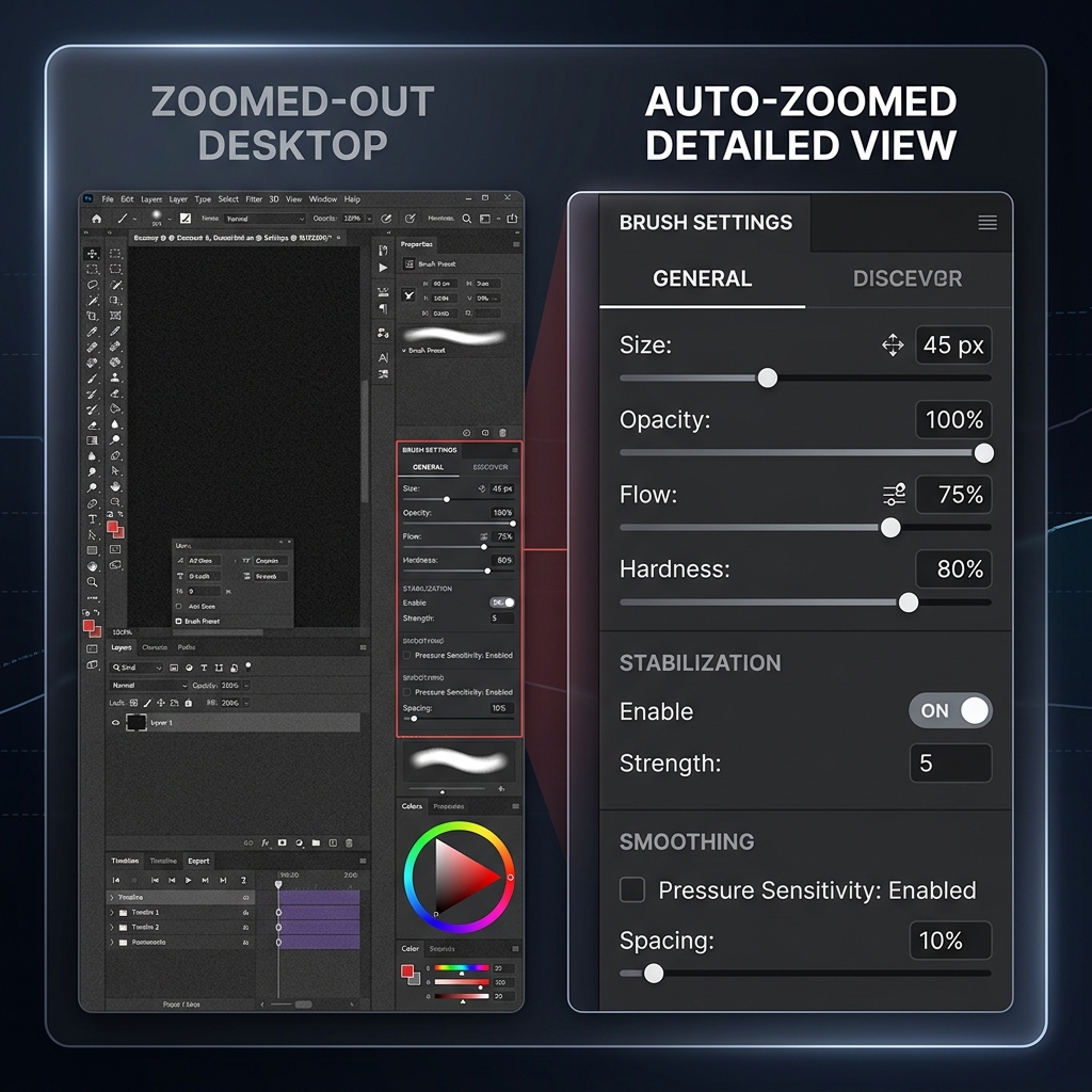 Split screen showing wide unreadable capture vs clean auto-zoomed settings details.