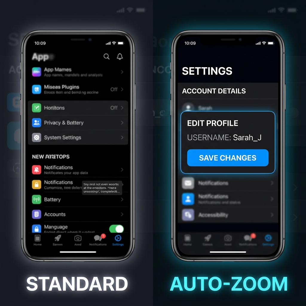 A screen recording shown on a phone, contrasting unreadable full-screen capture against a zoomed, legible frame.