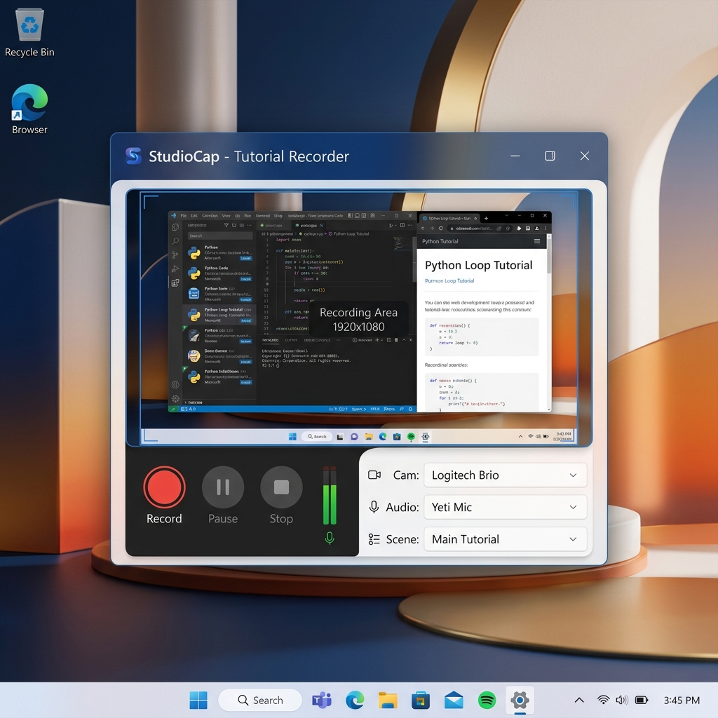 A frustrated Windows tutorial maker beside a polished, auto-zoomed screen recording with a floating app window over a vibrant gradient backdrop, illustrating a Screen Studio alternative that runs natively on Windows.