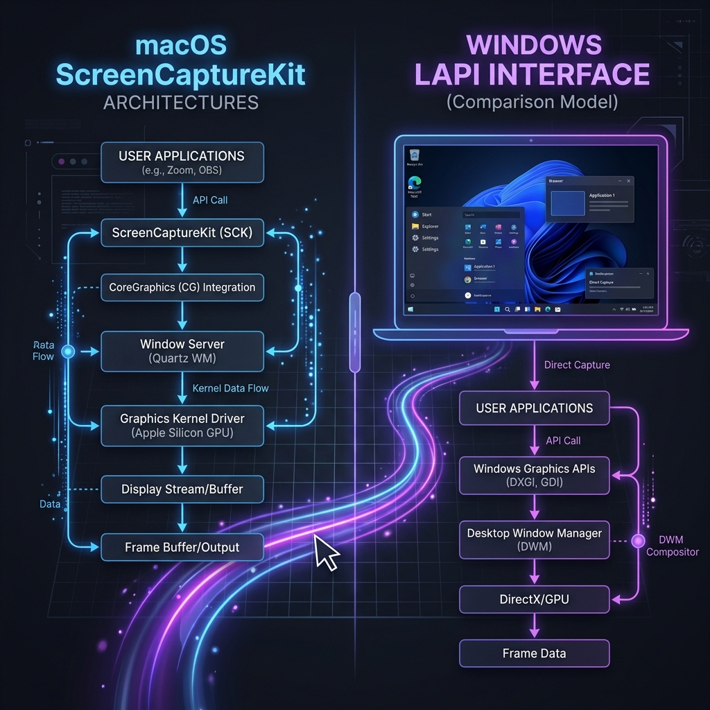 A premium dark-mode graphic comparing macOS ScreenCaptureKit architectures with a stylized Windows laptop interface.