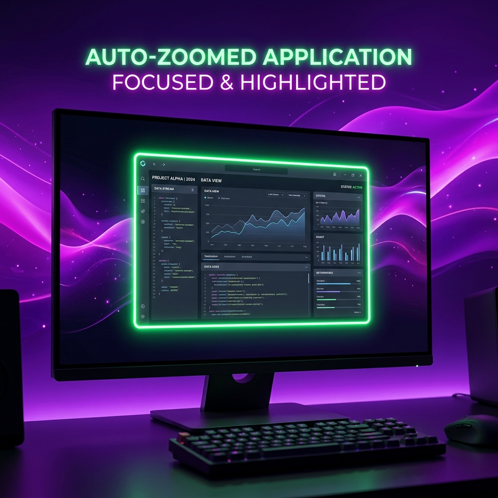 A premium dark-mode graphic showing a sleek PC monitor with an auto-zoomed application window highlighted by glowing green outline, neon purple fluid gradient backdrop.