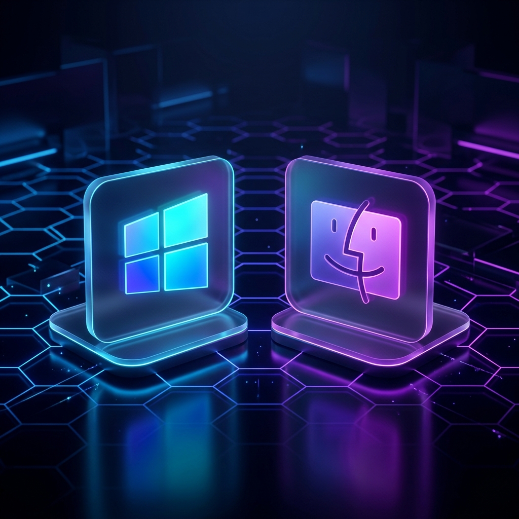 A premium dark-mode graphic showing a Windows OS symbol and a macOS symbol side-by-side on sleek glowing glassmorphism platforms, neon blue and purple glowing grid.