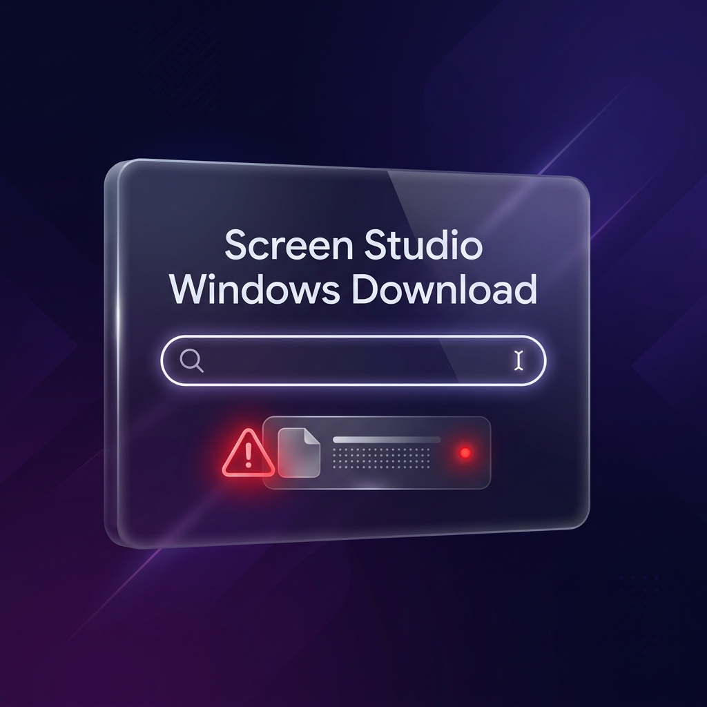 A premium dark-mode graphic showing a sleek search bar on a glassmorphism window query interface with the text 'Screen Studio Windows Download' in clean typography, glowing red warning symbol next to a file placeholder.